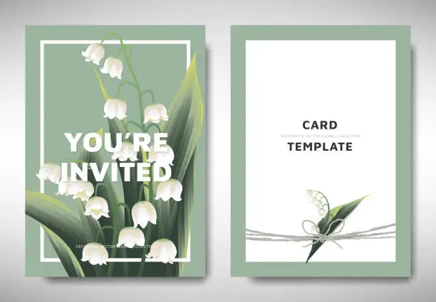 Vector illustration of Greeting/invitation card template design, lily of the valley flowers with leaves on green background, organic/nature theme