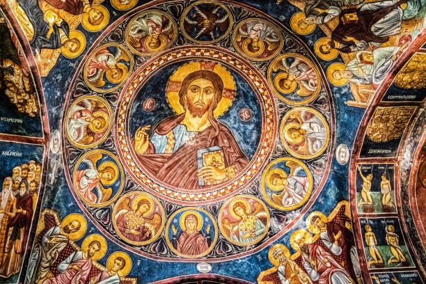 Ceiling painting in Monastery of Lampadistis VOUNI, CYPRUS, MAY 18, 2016 - Ceiling painting in Monastery of Lampadistis in Cyprus ayia kyriaki chrysopolitissa stock pictures, royalty-free photos & images