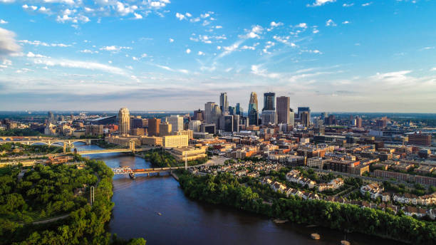 Minneapolis - Summer Cityscape Aerial View of Minneapolis and the Mississippi river in summer minnesota stock pictures, royalty-free photos & images
