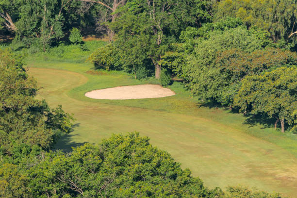 golf course in aerial view with grass green field - sports flag high angle view putting sand imagens e fotografias de stock