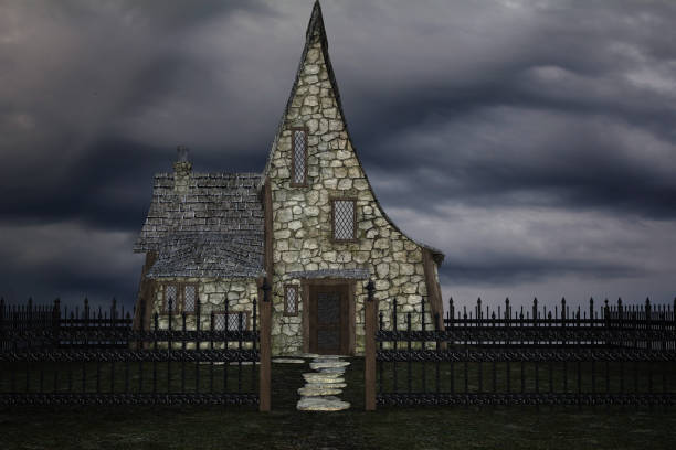 Old witches house / cottage with a dark stormy sky, 3d render. Old witches house / cottage with a dark stormy sky, 3d render. katt halloween stock pictures, royalty-free photos & images
