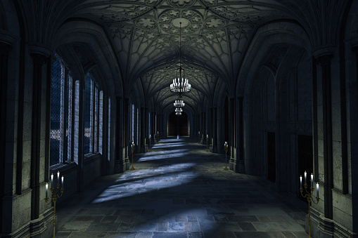 Palacio oscuro pasillo con velas encendidas y la luz de la luna brillando a través de las ventanas, 3d render. photo