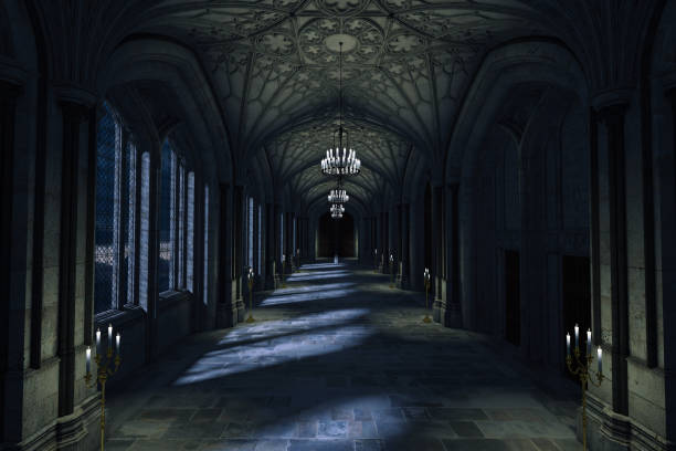 Dark Palace Hallway with lit candles and moonlight shining through the windows, 3d render. Dark Palace Hallway with lit candles and moonlight shining through the windows, 3d render. moated castle stock pictures, royalty-free photos & images