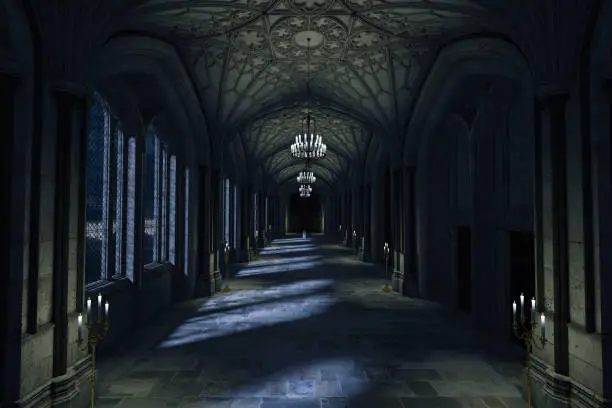 Photo of Dark Palace Hallway with lit candles and moonlight shining through the windows, 3d render.