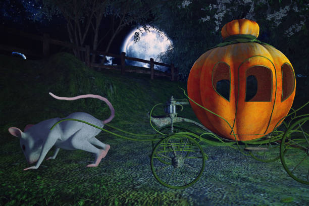 istock Orange pumpkin carriage with a white mouse in the moonlight, 3d render 989972832