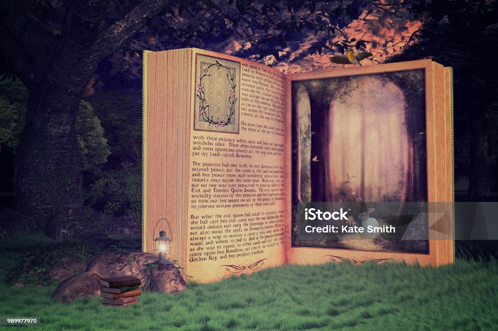 Magical open storybook in the forest, Book is leading into a magical place, 3d render. Fairy Tale Stock Photo