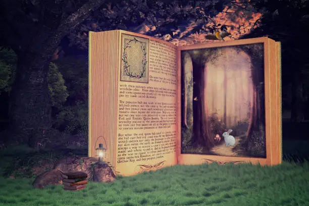 Magical open storybook in the forest, Book is leading into a magical place, 3d render.