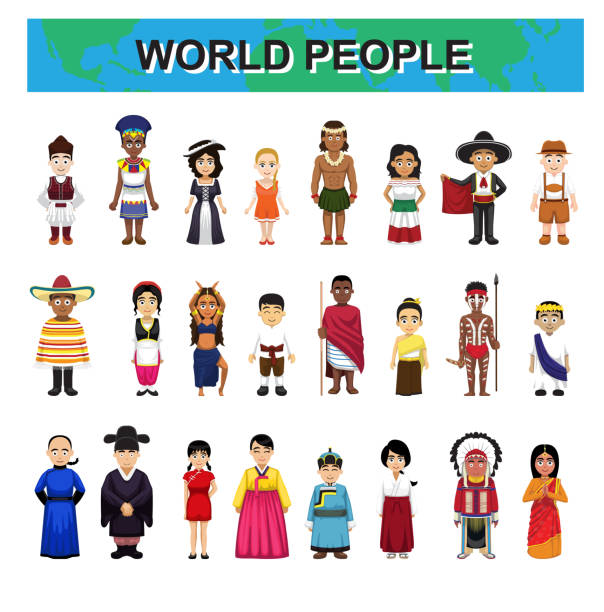 ilustrações de stock, clip art, desenhos animados e ícones de world traditional people costume diversity cute characters cartoon set vector illustration - clothing traditional culture chinese culture black