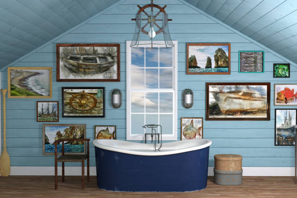 Nautical themed bathroom with a blue bath tub, 3d render.