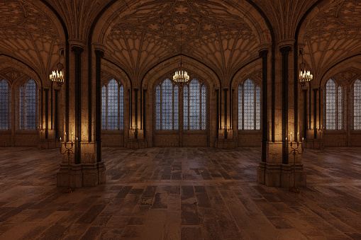 Salón de Palacio con velas, iluminación de la habitación y grandes ventanas de arco, render 3d. photo
