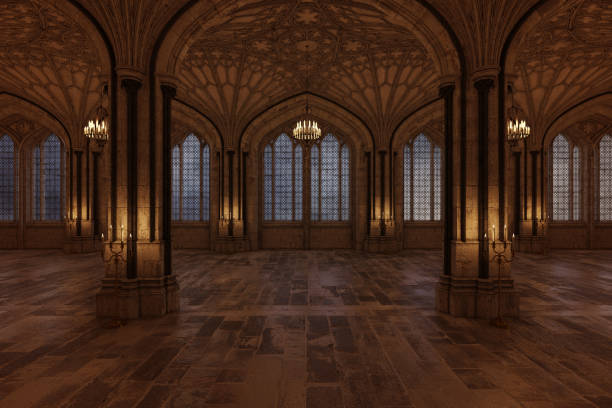 sala da ballo del palazzo con candele che illuminano la stanza e grandi finestre ad arco, rendering 3d. - chandelier foto e immagini stock