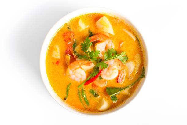 thai traditional sour prawn soup - sopa tom yum imagens e fotografias de stock