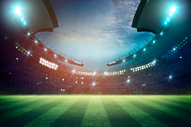 istock lights at night and football stadium 3d rendering. Mixed photos 990053248