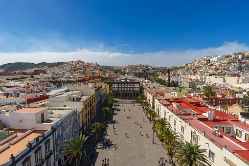 Panoramic view on Plaza Mayor of Santa Ana and colorful residential structures of Las Palmas city, Gran Canaria, Canary islands, Spain