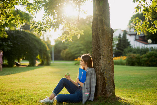 istock Pretty girl with her book in park background, sunset 990083224