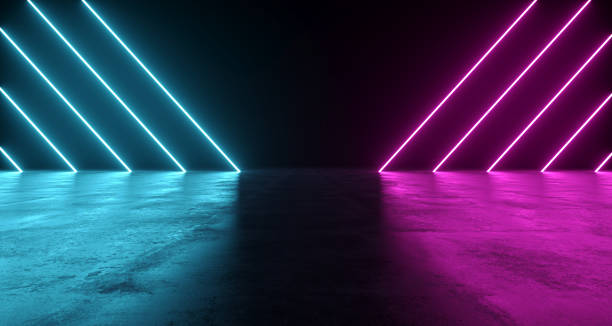 istock Futuristic Sci-Fi Abstract Blue And Purple Neon Light Shapes On Black Background And Reflective Concrete With Empty Space For Text 3D Rendering 990096636