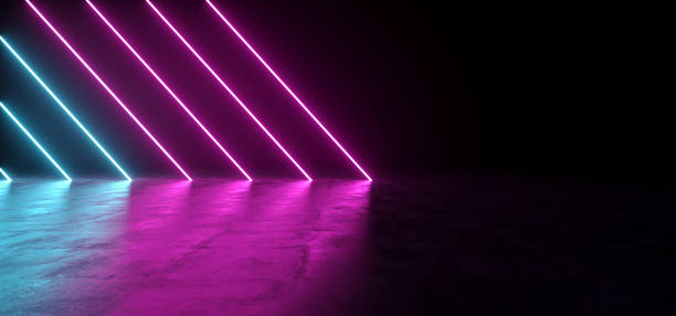 istock Futuristic Sci-Fi Abstract Blue And Purple Neon Light Shapes On Black Background And Reflective Concrete With Empty Space For Text 3D Rendering 990096674