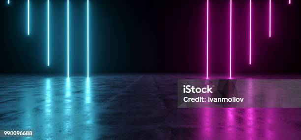 Futuristic Scifi Abstract Blue And Purple Neon Light Shapes On Black Background And Reflective Concrete With Empty Space For Text 3d Rendering Stock Photo - Download Image Now