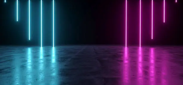 Photo of Futuristic Sci-Fi Abstract Blue And Purple Neon Light Shapes On Black Background And Reflective Concrete With Empty Space For Text 3D Rendering