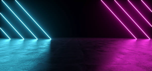 istock Futuristic Sci-Fi Abstract Blue And Purple Neon Light Shapes On Black Background And Reflective Concrete With Empty Space For Text 3D Rendering 990096702