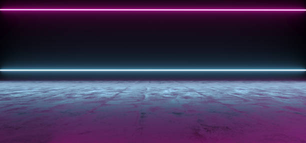 istock Futuristic Sci-Fi Abstract Blue And Purple Neon Light Shapes On Black Background And Reflective Concrete With Empty Space For Text 3D Rendering 990096722