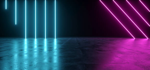 istock Futuristic Sci-Fi Abstract Blue And Purple Neon Light Shapes On Black Background And Reflective Concrete With Empty Space For Text 3D Rendering 990097154