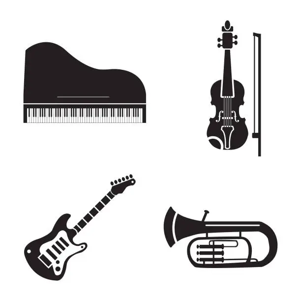Vector illustration of Musical instruments vector icon set, piano, violin, electric guitar and trumpet
