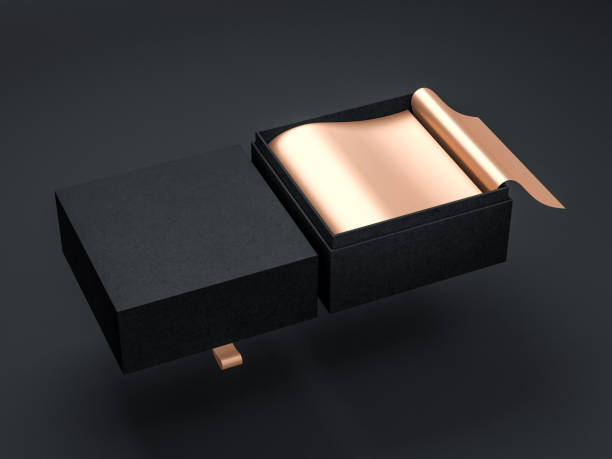 istock Open Square Black Gift Box Mockup with golden wrapping paper on dark background 990155910