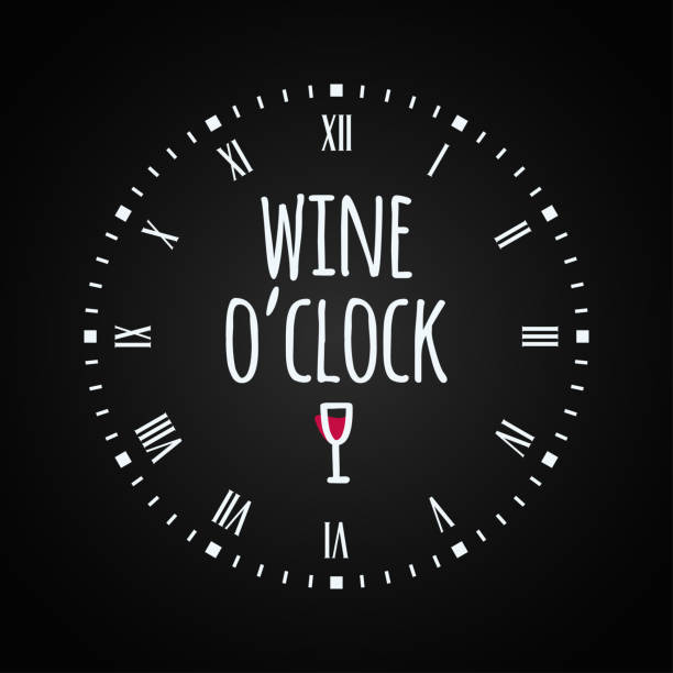 Wine glass concept with clock face. Wine oclock lettering . vector art illustration