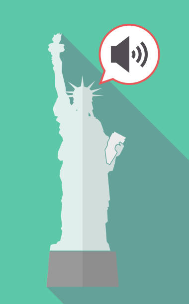 ilustraciones, imágenes clip art, dibujos animados e iconos de stock de larga sombra estatua de la libertad con una muestra de volumen de altavoz - statue liberty audio
