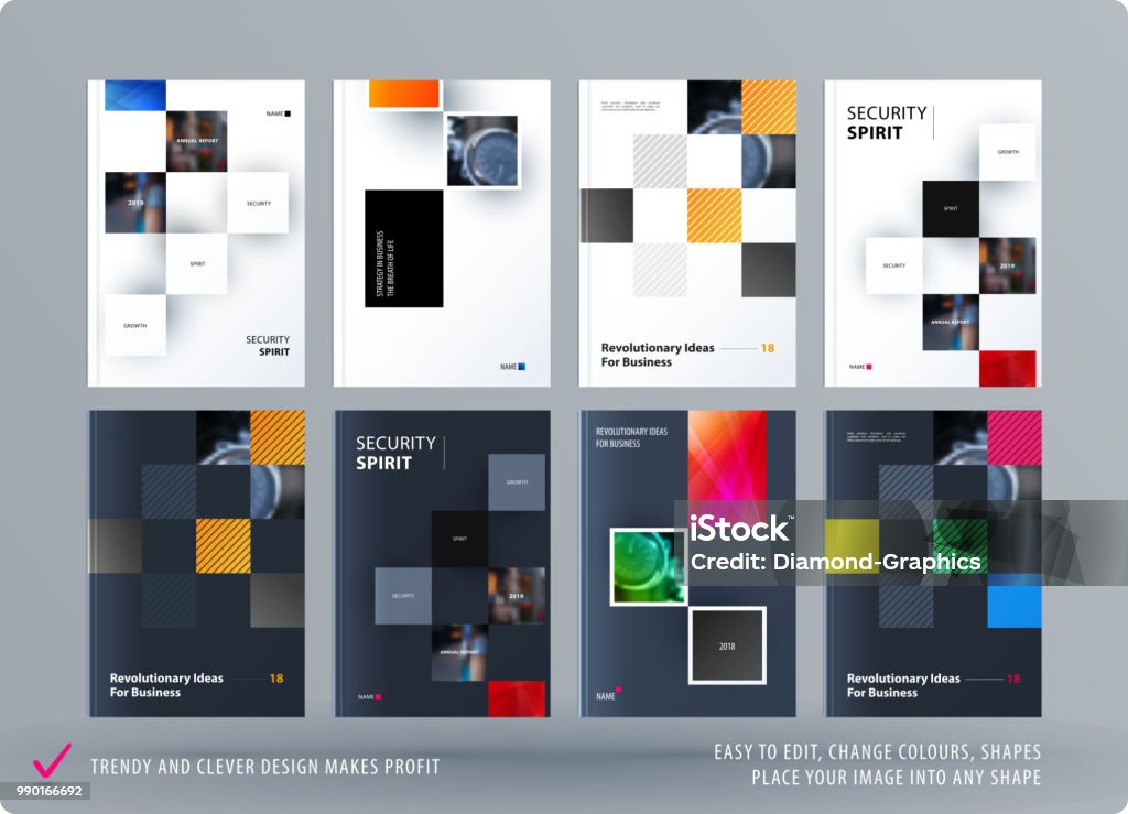 Modello rettangolare di progettazione brochure. Colorato set astratto moderno, rapporto annuale con forme per il branding - arte vettoriale royalty-free di Quadrato - Composizione