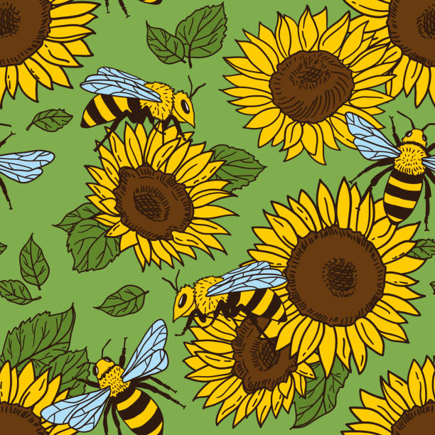 vektor musterdesign mit bienen und sonnenblumen. schwarze und gelbe textur - bee flower backgrounds golden sunflower stock-grafiken, -clipart, -cartoons und -symbole