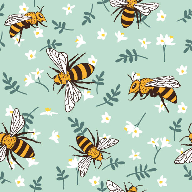 vektor musterdesign mit bienen, blätter und blüten. schwarze und gelbe textur - bee flower backgrounds golden sunflower stock-grafiken, -clipart, -cartoons und -symbole