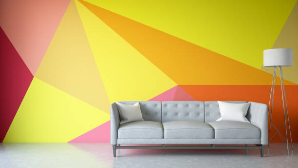 Modern Living Room with Sofa and Geometric Wallpaper