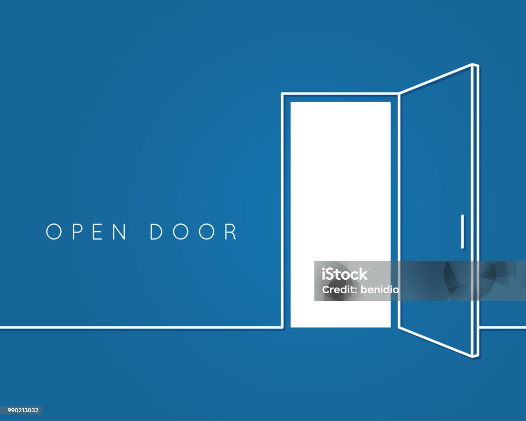 Offene Tür-Line-Konzept. Blaues Zimmer Logo Vektor Hintergrund - Lizenzfrei Tür Vektorgrafik