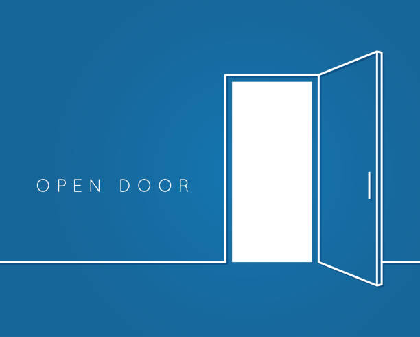 illustrazioni stock, clip art, cartoni animati e icone di tendenza di concetto di linea della porta aperta. sfondo vettoriale del logo della stanza blu - infissi