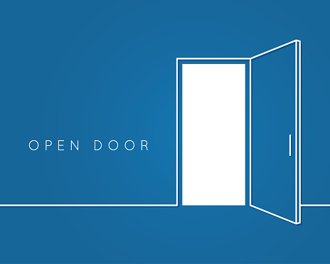 Open door line concept. Blue room logo vector background 10 eps