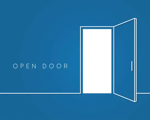 Vector illustration of Open door line concept. Blue room logo vector background