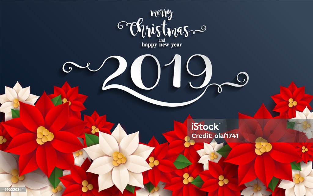 Merry Christmas And Happy New Year 2019 Background beautiful flower paper cut art and craft style on color Background. Poinsettia stock vector