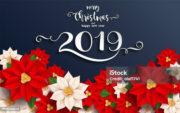 Merry Christmas And Happy New Year 2019 Background Beautiful Flower Paper Cut Art And Craft Style On Color Background Stock Illustration - Download Image Now