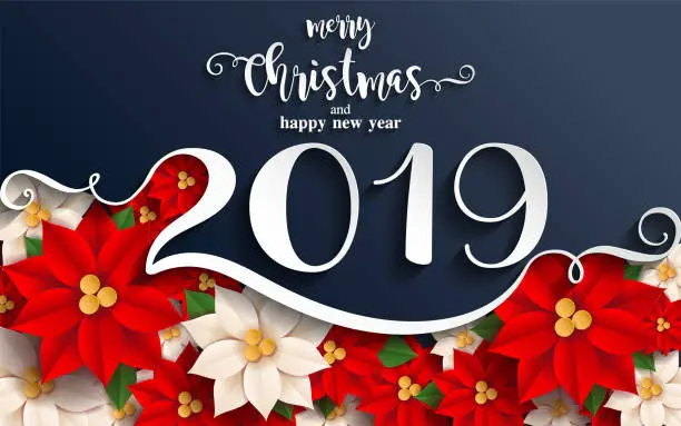 Vector illustration of Merry Christmas And Happy New Year 2019 Background beautiful flower paper cut art and craft style on color Background.