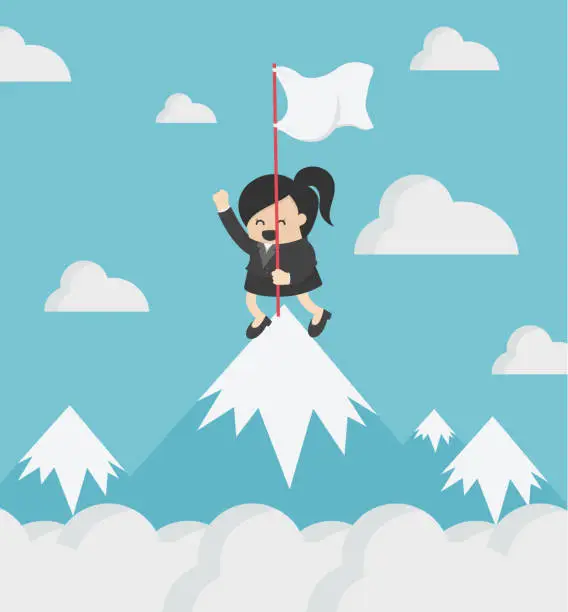 Vector illustration of Happy business woman  holding success flag standing on top of mountain vector cartoon flat character isolated