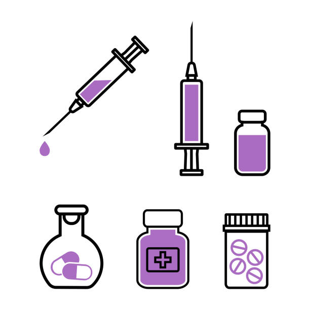 illustrazioni stock, clip art, cartoni animati e icone di tendenza di medicina. set di icone nere e viola. illustrazione vettoriale - drug bottle