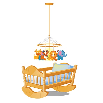 Baby carousel with hanging toys over wooden cot isolated on white background. Vector cartoon close-up illustration