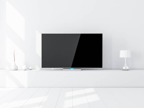 moderne smart tv-mock-up im wohnzimmer stand, weiß - zimmer bildschirm stock-fotos und bilder