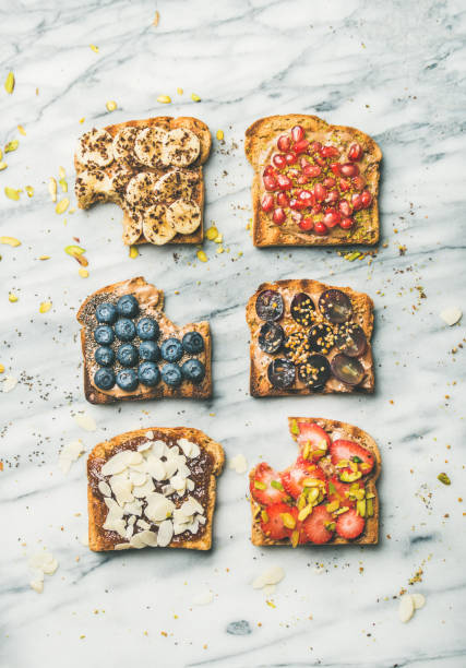 Healthy breakfast or snack with wholegrain toasts, top view