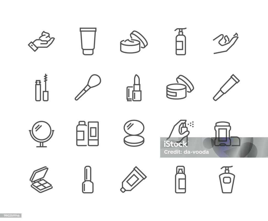 Line Cosmetics Icons Simple Set of Cosmetics Related Vector Line Icons. Contains such Icons as Cream Bottle, Lipstick, Makeup Brush and more. Editable Stroke. 48x48 Pixel Perfect. Icon Symbol stock vector