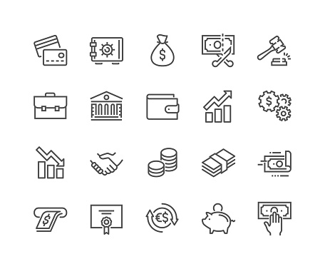 Simple Set of Finance Related Vector Line Icons. Contains such Icons as Taxes, Money Management, Handshake and more. Editable Stroke. 48x48 Pixel Perfect.