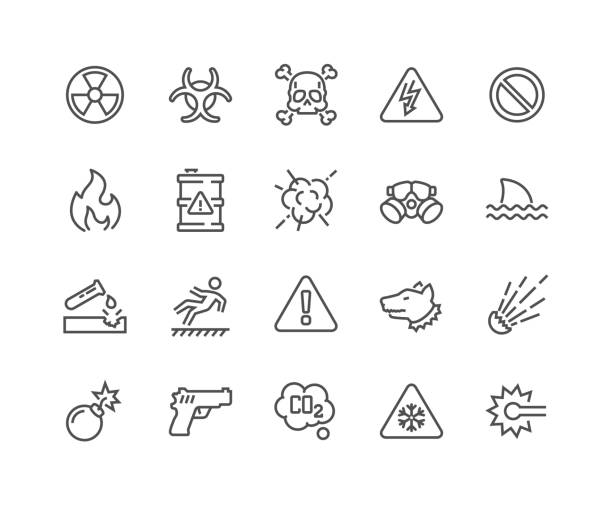 Line Warnings Icons Simple Set of Warnings Related Vector Line Icons. Contains such Icons as Toxic, Explosive, Flammable and more. Editable Stroke. 48x48 Pixel Perfect. radioactive contamination stock illustrations
