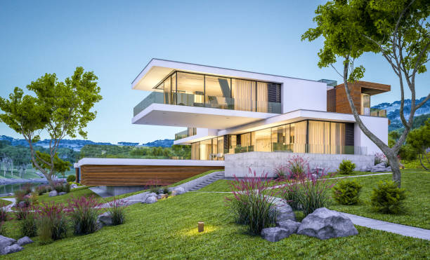 istock 3d rendering of modern cozy house by the river at evening 990265312